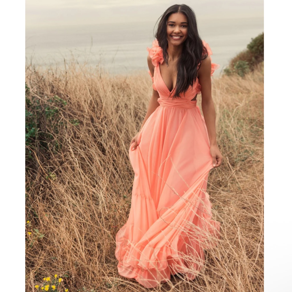 Mac Duggal Ruffle Tiered Cut-Out Chiffon Gown